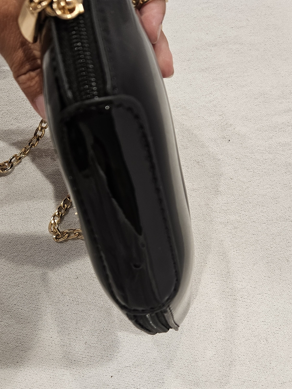 Black Lip-Shaped Patent Crossbody Bag with Gold Chain Lips Are Sealed - Picture 9 of 9